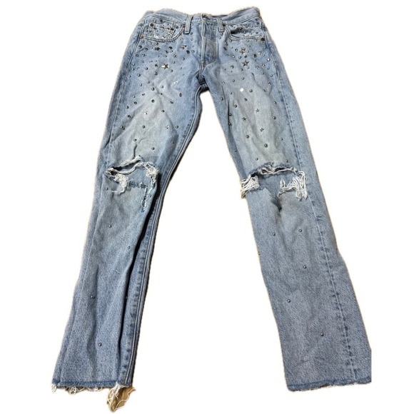 Levi 501 Straight Leg Rhinestone Grunge 25 Short 28 Inch Inseam Stars Light Wash - Picture 3 of 10